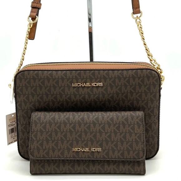 Michael Kors Large EW Crossbody Bag & Large Trifold Wallet Brown/ Gold - Picture 2 of 13